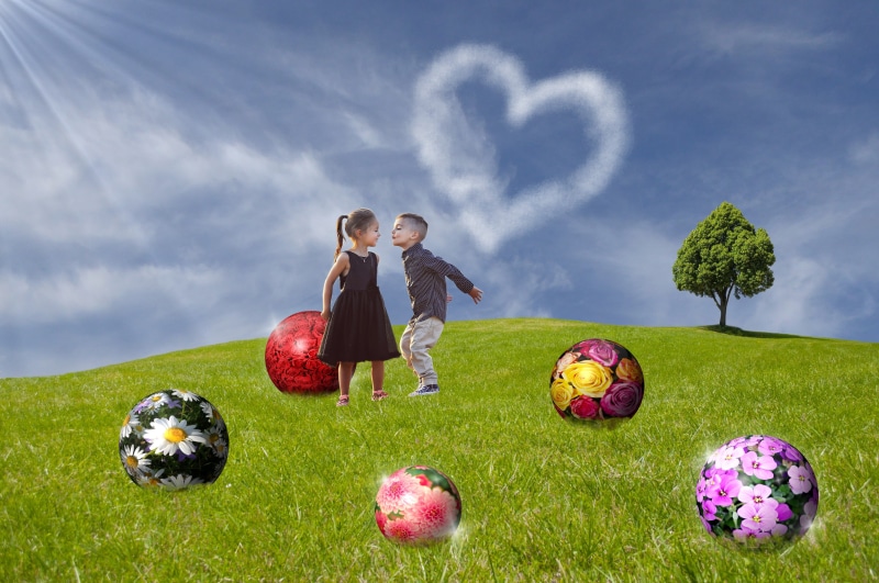 laughing children, happy, sky, grasses, heart, photo montage, celestial body, infinity, violet, offspring, blütenmeer, daisy, teddy bear, partly cloudy