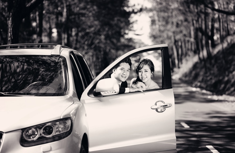 female, tree, young adult, happy, together, looking at camera, vehicle, car, attractive, motor vehicle, day, cute, romance, transportation, outdoors, behind