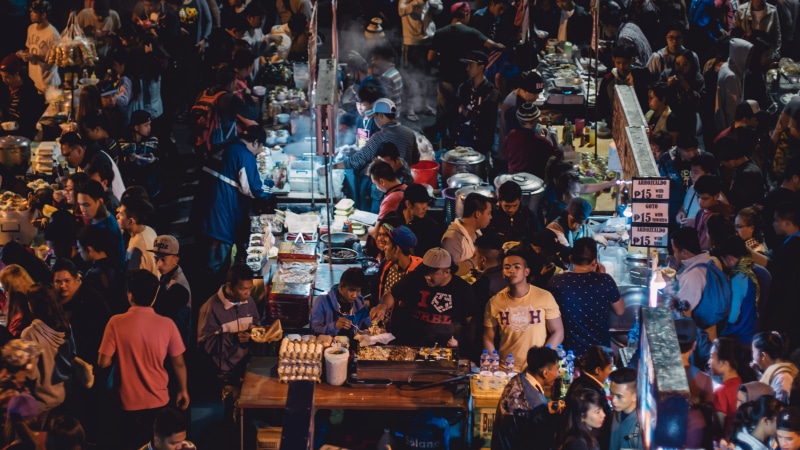 philippines, city, baguio, real people, men, street market, women, sitting, street food, group of people, leisure activity, crowd, 4K, built structure