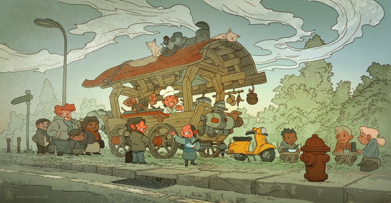 drawing, fire hydrants, cat, people, vehicle, 1080P, Salesman, food, street, sidewalks, trees, men