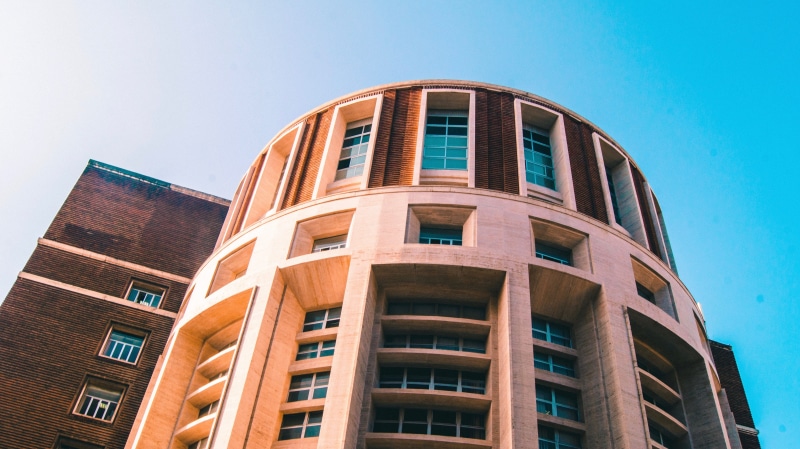 beige, luxury, building, facade, summer, skyscraper, nature, 4K, blue, clear sky, rise, round, business, building exterior, window, low, outdoors, apartment