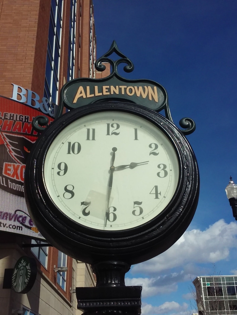 city, day, text, united states, western script, accuracy, instrument of time, streetview, low angle view, urban, architecture, no people, pennsylvania