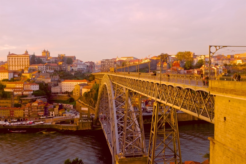 cloud - sky, 4K, view, connection, outdoors, water, streetview, built structure, dusk, porto, travel destinations, color, transportation, bridge, portugal