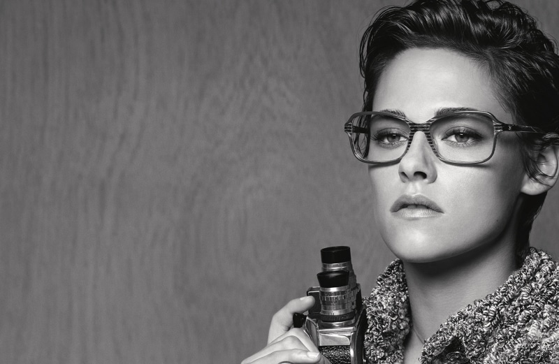 Karl Lagerfeld, actress, Kristen Stewart, black and white, 2015, glasses, brand, photographer, hairstyle, 1080P, camcorder, look, photoshoot, Chanel Eyewear