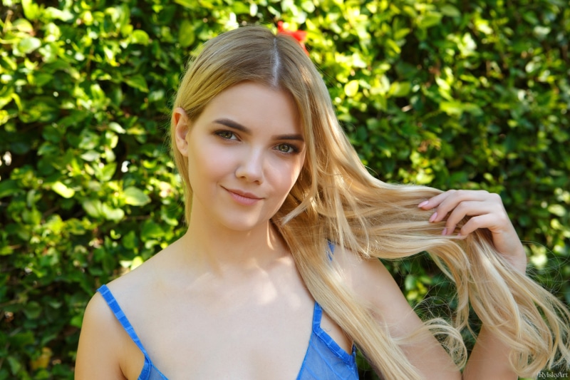 Chanel Fenn, blonde, holding hair, long hair, women outdoors, 4K, RylskyArt Magazine, women