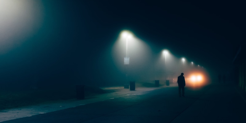 illuminated, photography, 4K, architecture, horror, street, fog, mystery, road, spooky, walking, fear, standing, outdoors, ominous, dark, trash, night