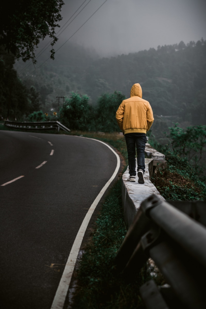 tree, standing, jacket, foggy, misty, casual clothing, outdoors, day, beside, tarmac, nature, person, full length, asphalt, 4K, one person, road, forest