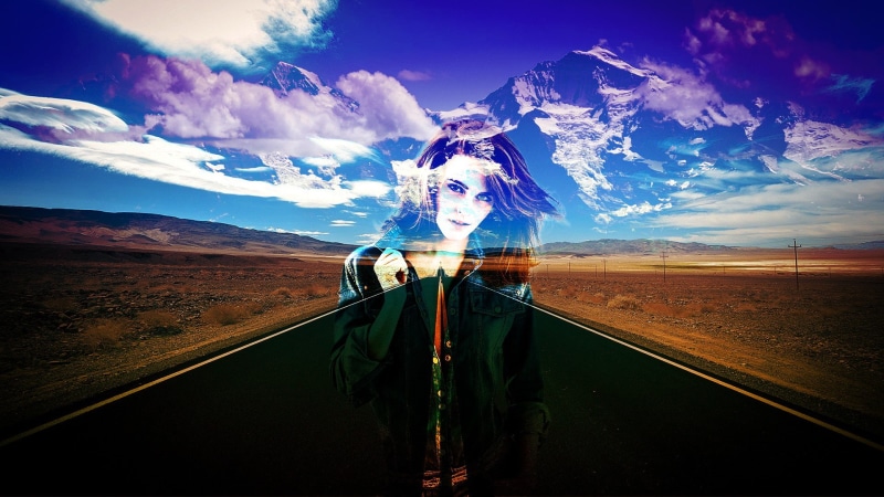 abstract, road, mountains, translucent, women, Photoshop, 1080P