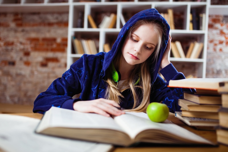 sitting, publication, one person, table, near, university, papers, 4K, book, girl, shelves, young, education, youth, pages, teenager, activity, studying