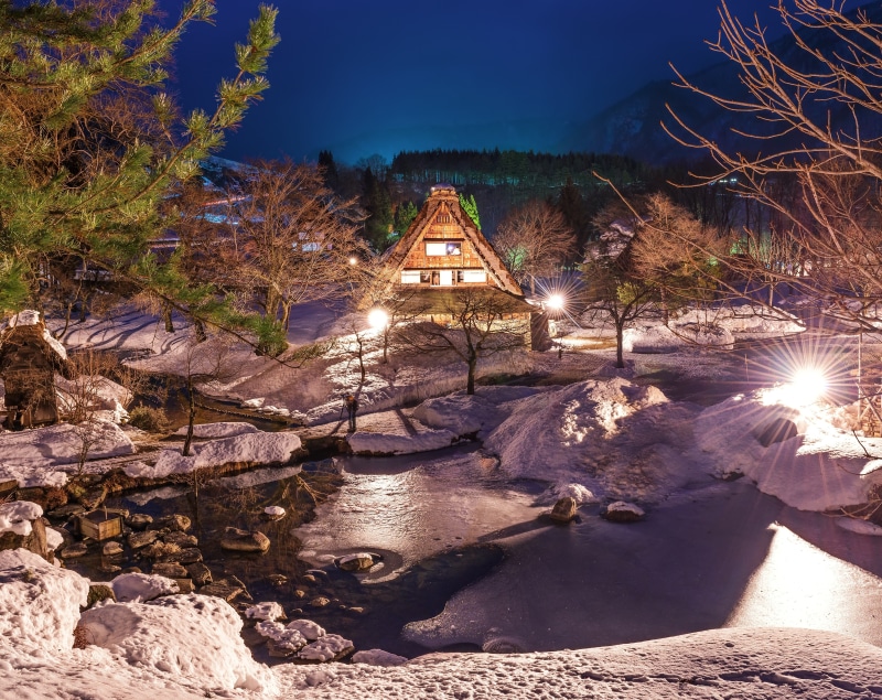 gifu, toyama, lightup, Winter, gassho, Houses, Snow, sunlight, tree, 5K, Shirakawago, plant, nature, architecture, clearsky, nightphotography, Pond, Asia
