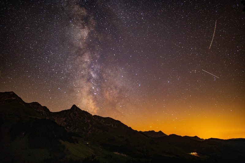 travel, landscape, airplane, space, astrophotography, milkyway, switzerland, exploration, orange, astrology, illuminated, majestic, top, star, dark, mountain