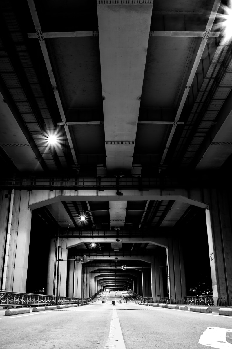 construction Industry, structure, gray, dark, urban, road trip, night, bridge, abandoned, black And White, perspective, vanishing Point, transportation
