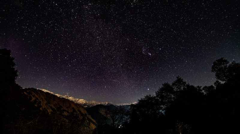 5K, space and astronomy, chandrashila, tree, plant, nighttime, trees, nightsky, night, tranquility, sky, beauty in nature, himalayas, village, galaxy
