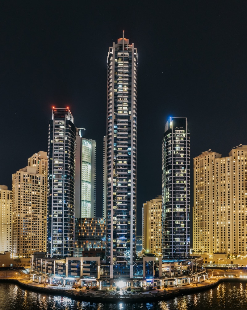 residential district, near, skyscraper, building, 4K, modern, nightphotography, office building exterior, skyline, body, shore, lighted, marina, financial district