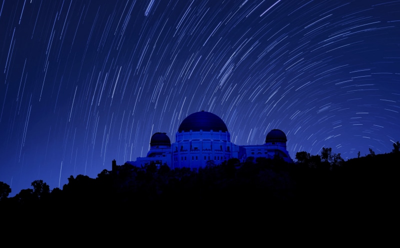 sky, low angle view, star - space, tranquility, silhouette, trails, space, Photoshop, griffithobservatory, night, scenics - nature, observatory, no people