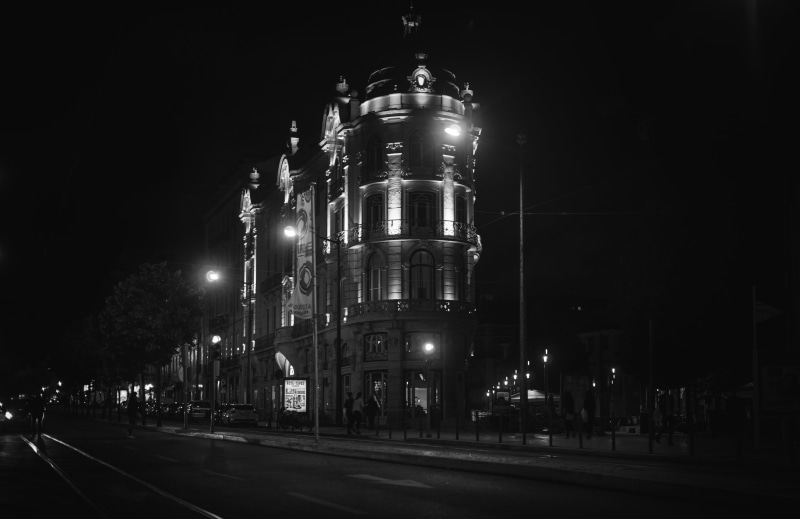illuminated, lisbon, lighting equipment, travel, built structure, street, building, night, no people, travel destinations, nightphotography, bw, nature