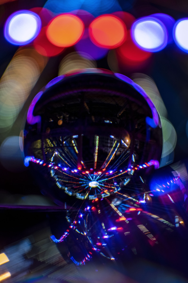 neonlights, no people, blue, sphere, nightlife, lights, night, ferris wheel, crystallball, united states, reflection, christmas ornament, amusement park