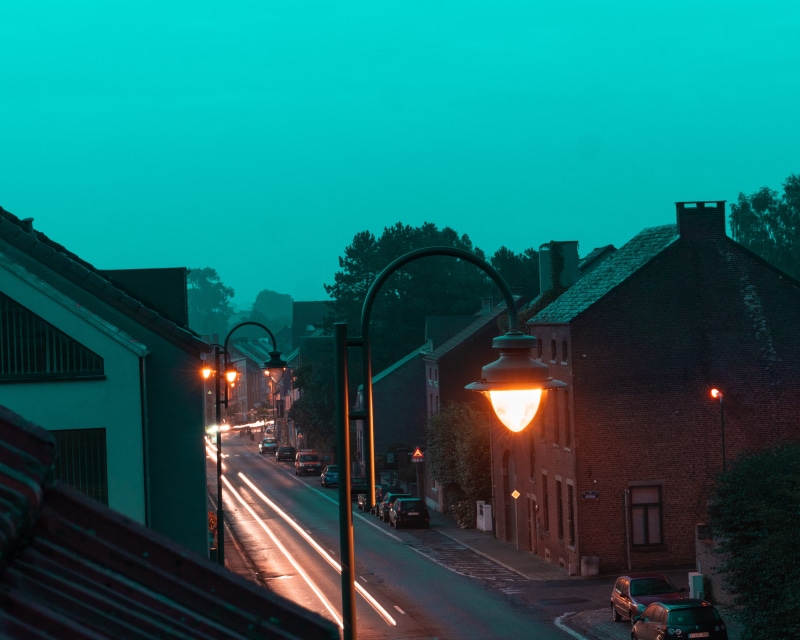 lightpainting, tree, perwez, light, lights, building, city, transportation, cars, built structure, car, illuminated, dusk, outdoors, landscape, residential district