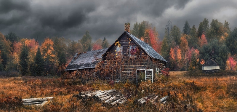 deterioration, day, abandoned, built structure, clouds, forest, architecture, tree, fall, sky, scenics - nature, dry grass, brown, beauty in nature, change