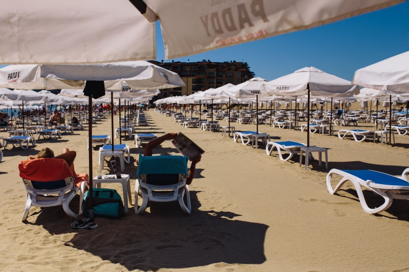 Sunny Beach, coastline, no people, parasol, incidental people, sand, sunlight, outdoors, vacations, 5K, tropical, sunny, architecture, land, tropic, Europe