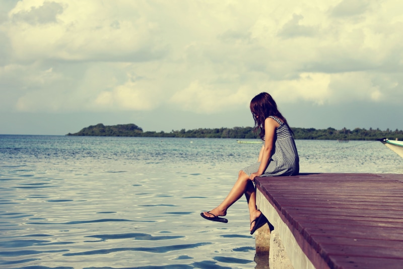 cloud - sky, jetty, sitting, people, young adult, cloudy, beauty in nature, vacations, wood - Material, females, water, hairstyle, lake, women, scenics - nature