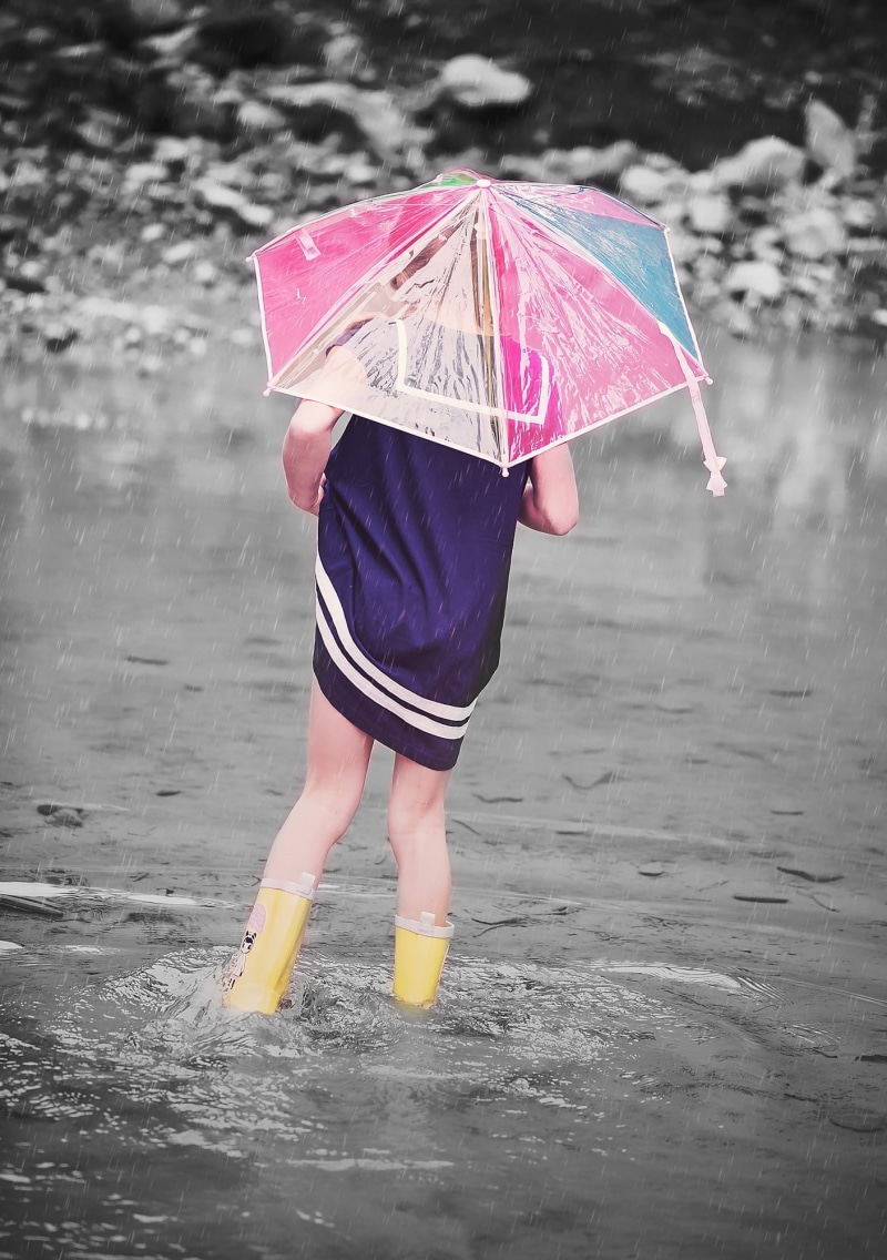 wet, pink, purple, dress, person, water, blue, real people, childhood, rubber boots, rain, rear view, protection, black and white, day, child, rainy season