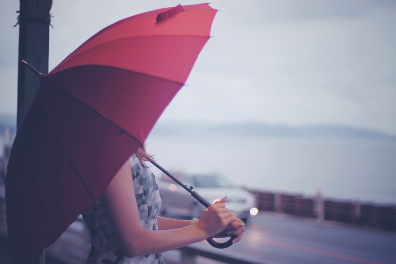 red umbrella, one Person, clothing, water, sky, lifestyles, outdoors, copy Space, sea, standing, people, protection, Woman, 1080P, red, transportation