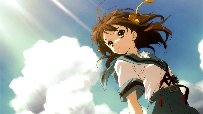 people, sky, low angle view, The Melancholy of Haruhi Suzumiya, day, sculpture, lifestyles, hairstyle, sunlight, Suzumiya Haruhi no Yuutsu, women, Suzumiya Haruhi 