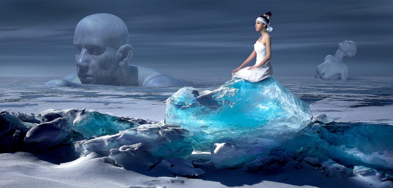 bizarre, loll, mysterious, nature, arctic, art, white, beauty in nature, light, turquoise, sitting, adult, figure, sky, statue, scene, waves, young, winter