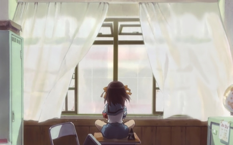 young adult, sitting, real people, rear view, young women, lifestyles, one person, indoors, The Melancholy of Haruhi Suzumiya, 720P, leisure activity