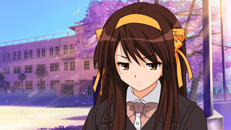 The Melancholy of Haruhi Suzumiya, pink color, portrait, 2K, purple, human representation, nature, anime girls, sky, outdoors, representation, art and craft