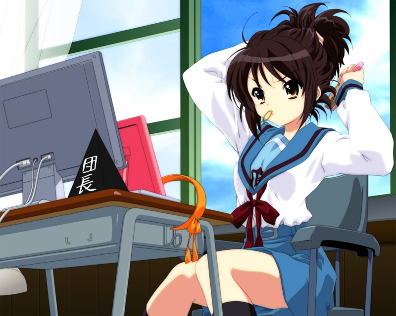 outdoors, art and craft, day, lifestyles, furniture, chair, front view, The Melancholy of Haruhi Suzumiya, representation, 720P, people, sunlight, sitting