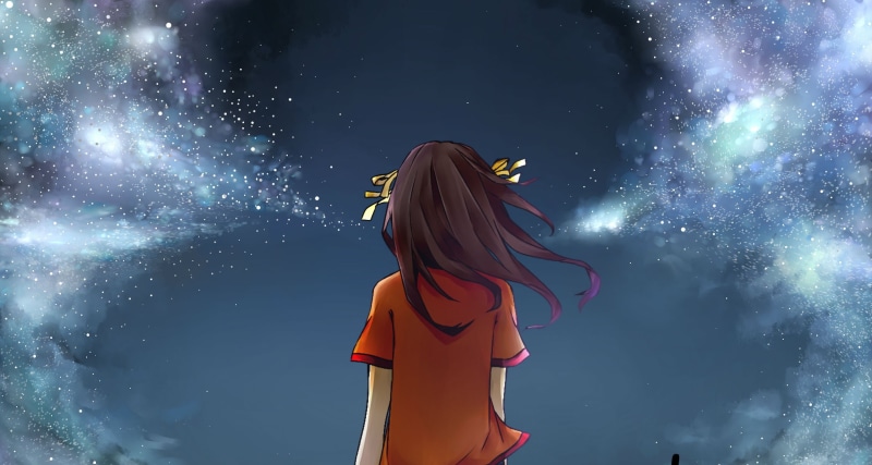 Suzumiya Haruhi , young adult, 1080P, astronomy, stars, brown, nature, haired, lifestyles, The Melancholy of Haruhi Suzumiya, standing, clothing, young women