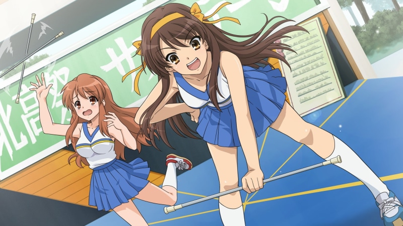 lifestyles, two people, child, female likeness, nature, women, Suzumiya Haruhi, mural, girls, young adult, people, human representation, day, The Melancholy of Haruhi Suzumiya