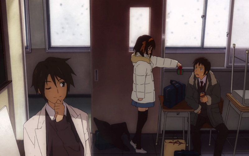 casual clothing, anime, real people, indoors, young adult, people, technology, sitting, 720P, The Melancholy of Haruhi Suzumiya, window, standing, reflection