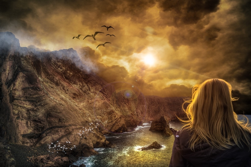 blonde, wild, sunlight, remote, island, weather, outdoors, ocean, shirt, coastline, hair, nobody, clouds, season, land, scenery, seagulls, mist, rock, woman