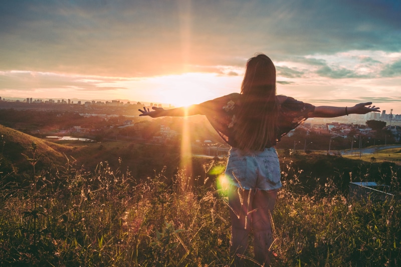 mountain, plant, weather, girl, dom, evening, stands, wellbeing, scenic, environment, fair weather, real people, summer, leisure activity, dawn, arms raised