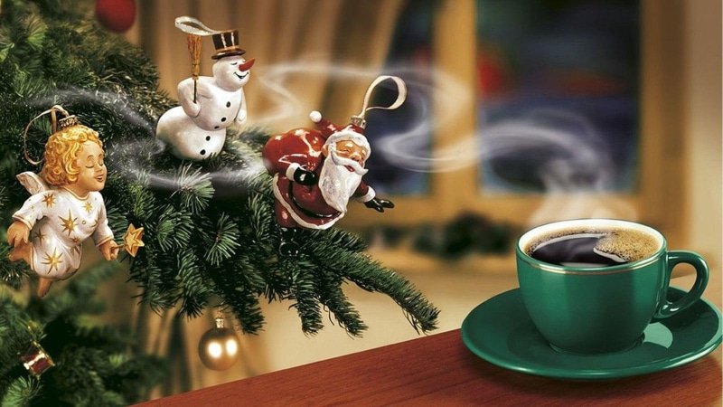 merry christmas, christmas, morning, saucer, coffee, cup, ceramic, green, 1080P, 1920x1080, tree, smell, holidays