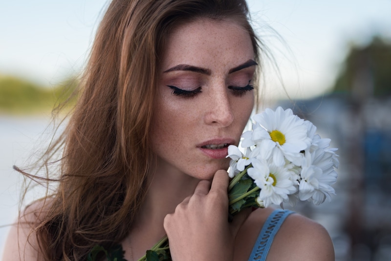 vulnerability, contemplation, long hair, close-up, model, white flowers, headshot, face, smelling, women, flowers, Dmitry Shulgin, hair, beautiful woman