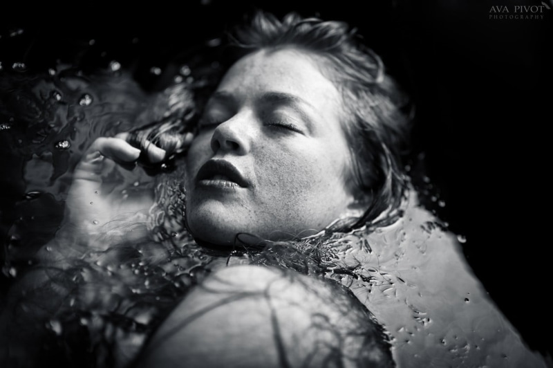 model, bare shoulders, wet, 480P, monochrome, closed eyes, human face, beautiful woman, depression - sadness, freckles, young adult, close-up, water, adult