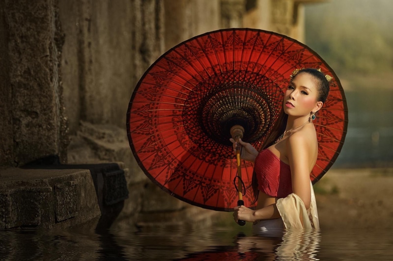 architecture, beauty, fashion, water, arts culture and entertainment, adult, red, dress, young adult, beautiful woman, beautiful people, one person, dark