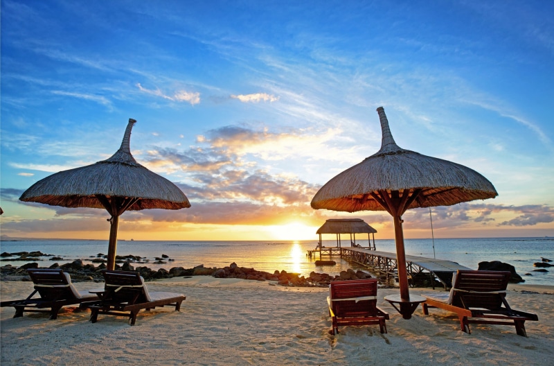 mauritius 4k desktop background hd, tranquility, parasol, sky, umbrella, beauty in nature, sunset, sunlight, horizon over water, 4K, shade, sea, beach