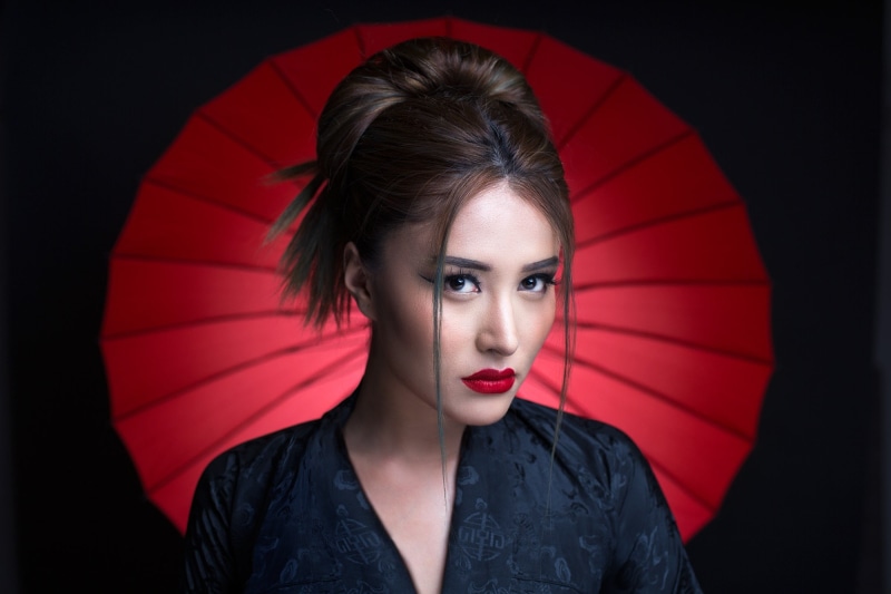 1080P, red lipstick, women, black dress, parasol, portrait, face, looking at viewer, eyeliner, brunette, Asian, makeup