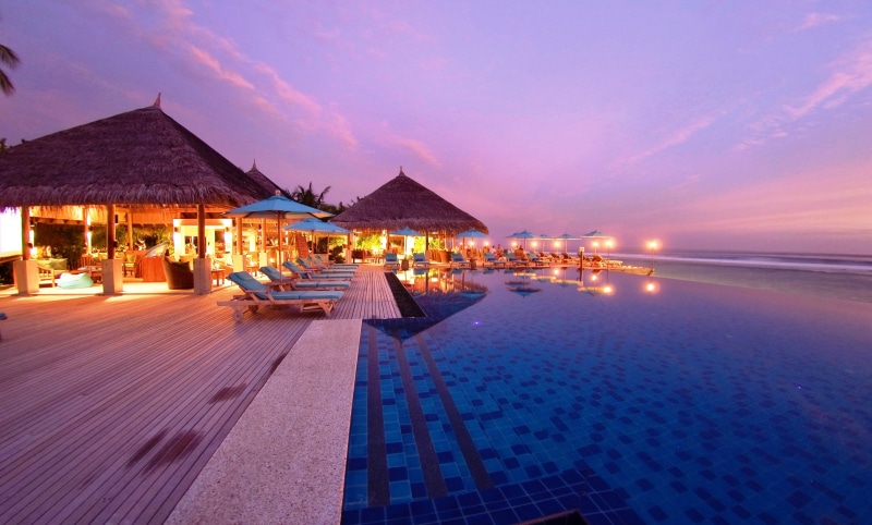 beach, seascape, coastline, night, tropical Climate, maldives, sky, swimming pool, outdoors, evening, sunlight, travel Destinations, tourist Resort, resort
