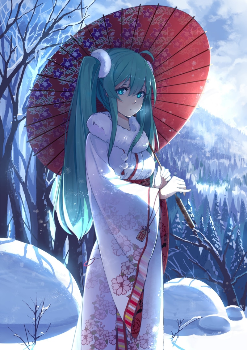 anime girls, day, Hatsune Miku, long hair, kimono, snow, protection, forest, creativity, umbrella, traditional clothing, cloud - sky, parasol, representation