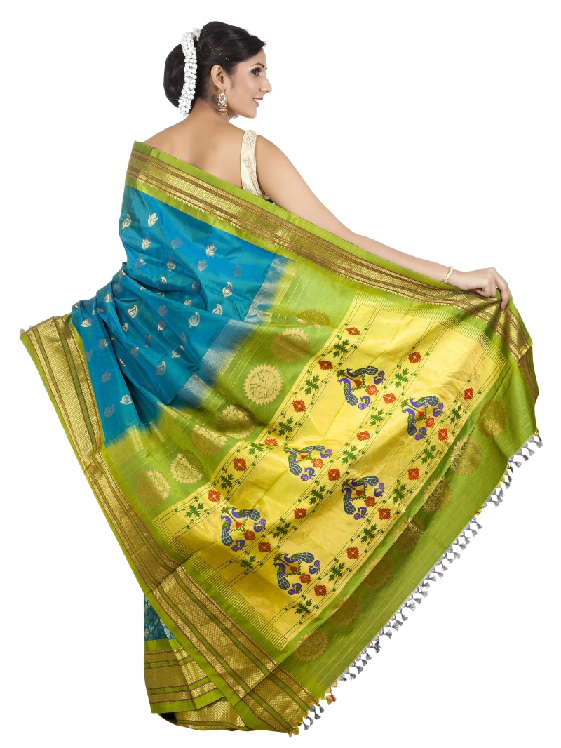floral, blue, beauty, traditional cloth, white Background, clothing, fashion, model, women, green color, isolated, paithani silk, females, wedding saree