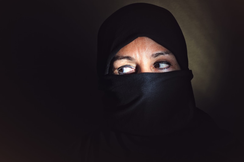 copy space, hijab, veil, portrait, face, covering, expression, tradition, obscured face, looking at camera, human face, adult, ethnic, head, one person