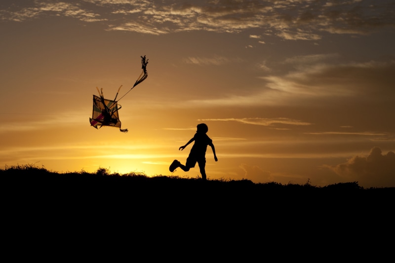 leisure activity, field, children, cloud - sky, men, motion, mid-air, real people, nature, sunlight, brown, kites, full length, lifestyles, outdoors, kite