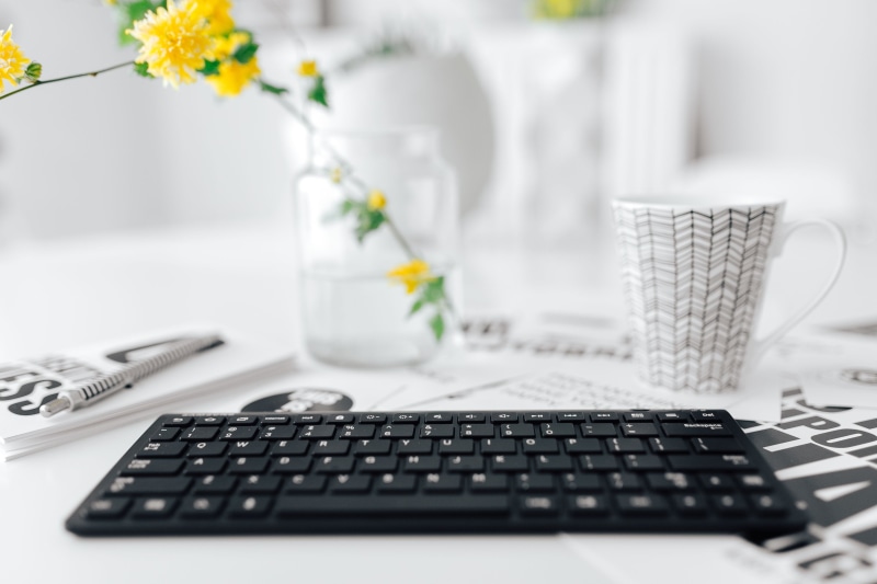 communication, food and drink, type, tea cup, typing, indoors, workplace, flowering plant, mug, furniture, keyboard, minimalist, office, 4K, computer