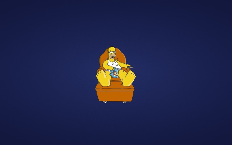 minimalism, remote, blue background, Homer, lies, collapsed, 1080P, sofa, The Simpsons